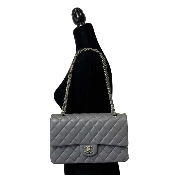 CHANEL - NEW 22A Classic Medium Double Flap Dark Grey CC Shoulder Bag - Picture 3 of 12